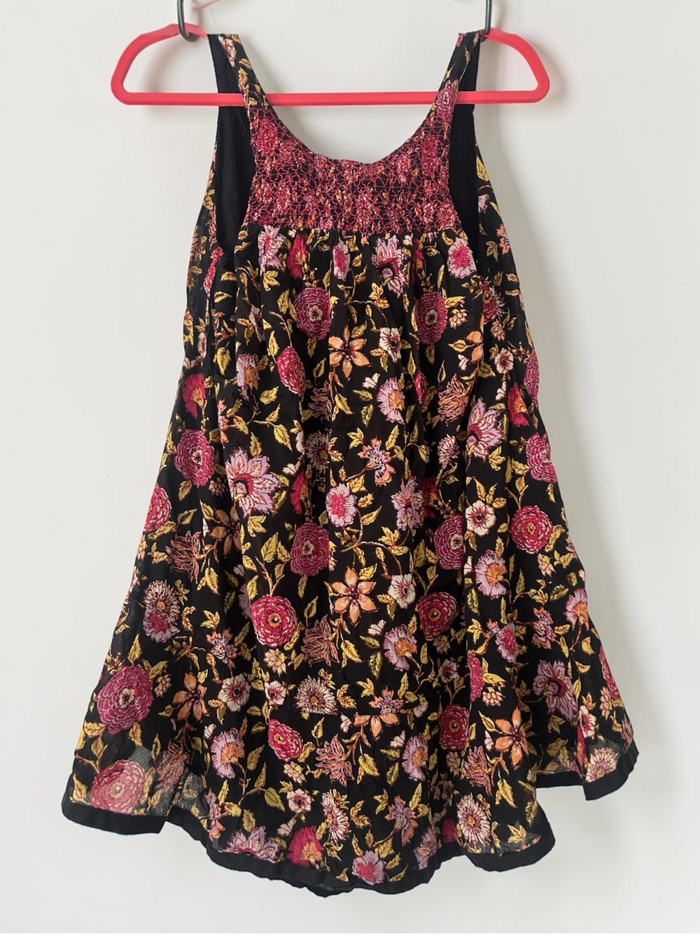 Free People Black Floral Smocked Mini Dress with Pink & Gold Blooms